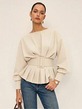 Commense Belted Pleated Peplum Top in Burgundy NWT